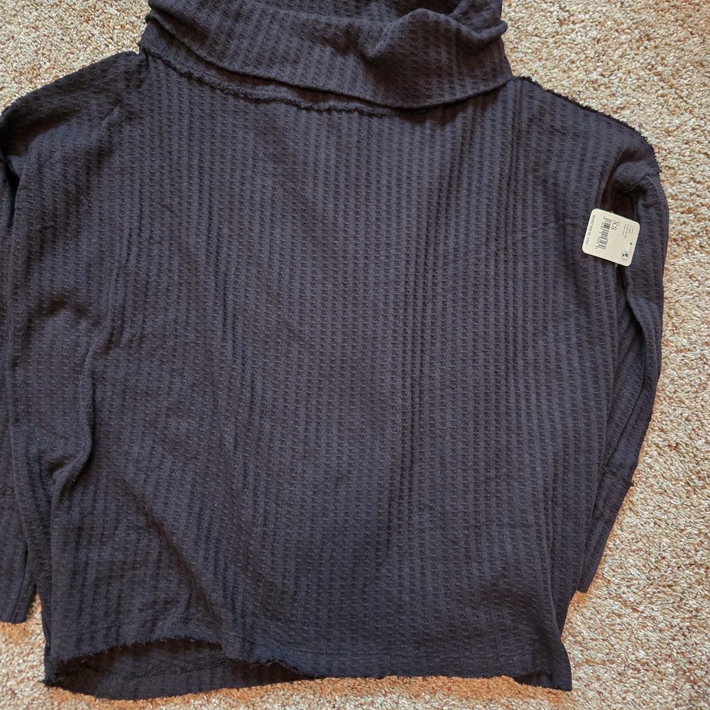 NwtFree People Black Juicy Long Sleeve Turtleneck Waffle Knit Split Back Top XS